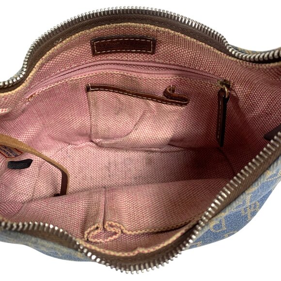 Dooney Bourke Blue Denim Jeans DB Logo Brown Leather Mini Hobo Bag Vintage Y2K - Picture 10 of 16